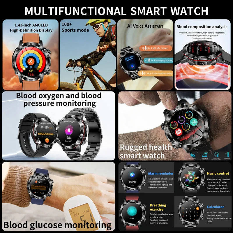 2024 New Smart Watch for Men ECG Blood Glucose Health Watches Uric Acid Fitness Tracker Amoled Clock Bluetooth Call Smartwatch