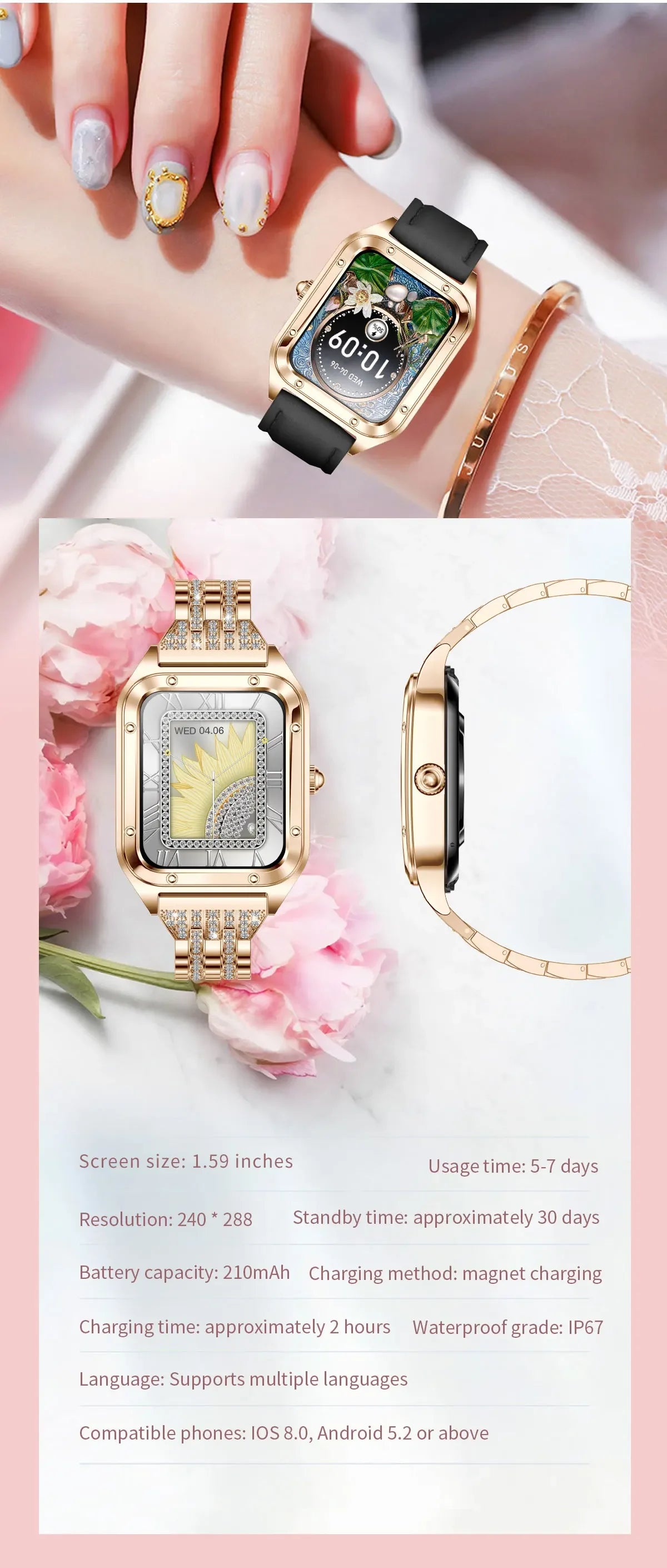 2024 New Lady Fashion Smart Watch Women AMOLED HD Screen GPS Heart Rate Bluetooth Call Waterproof Outdoor SmartWatch For Xiaomi