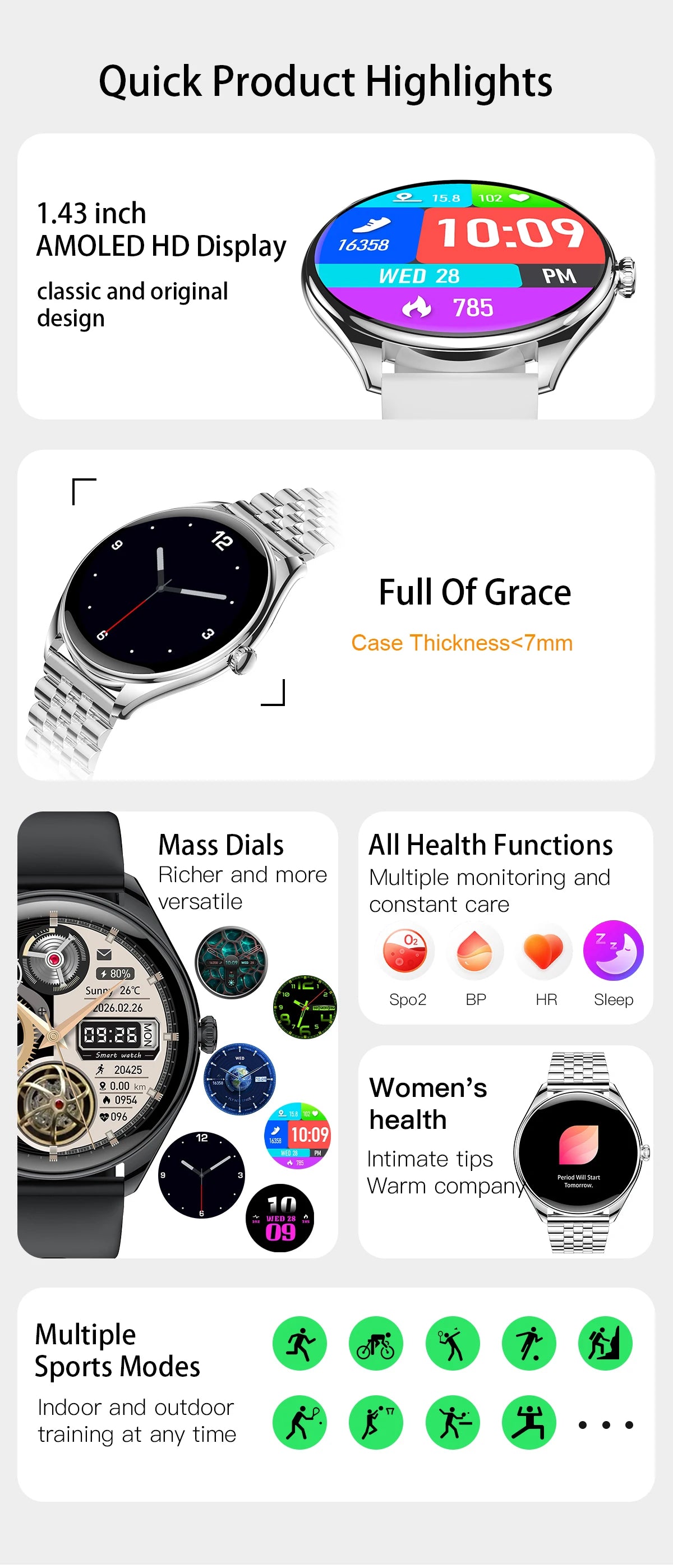 2024 Smartwatch Women 466*466 AMOLED 1.43" HD Screen Always Display Time Bluetooth Call IP67 Waterproof Sports Smart Watch Men