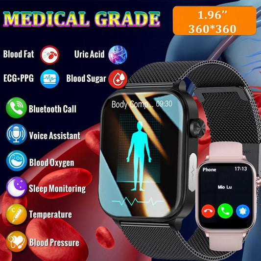 2024 New Ecg Smart Watch Men for Anroid Ios Xiaomi Watches 1.96 Inch Blood Sugar Pressure Temperature Bluetooth Call Smartwatch