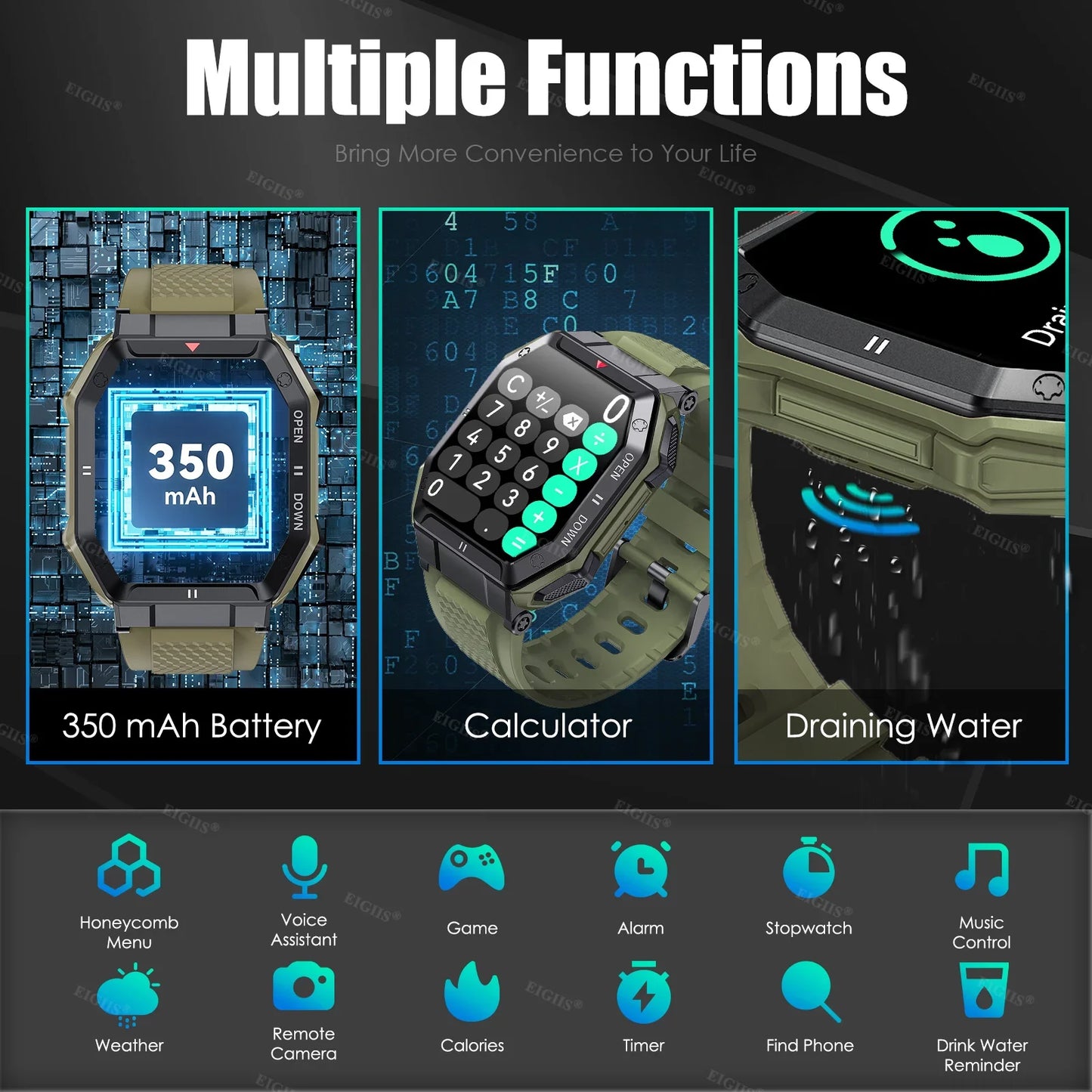 EIGIIS 2024 New Military Smart Watch 1.85'' IPS Screen Men Bluetooth Call Heart Rate Monitor Outdoor IP67 Waterproof Smartwatch