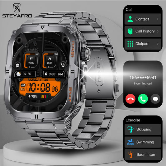 2024 men smartwatch, Bluetooth call tracker, military sports waterproof watch, digital fitness tracker smartwatch LED flashlight