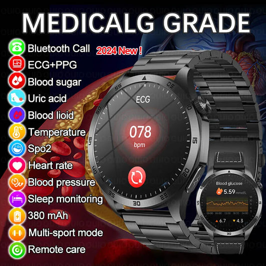 2024 New Medical grade Uric Acid Blood Glucose Smart Watch Men ECG+PPG Blood Lipids Bluetooth Call Health monitoring Smartwatchs