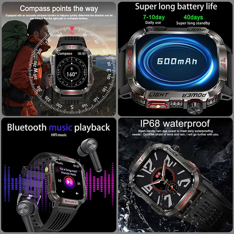 2024 New Rugged Military Fitness GPS Smart Watch Men For Android Xiaomi IOS Waterproof Sport Ai Voice Calling Smartwatch Outdoor