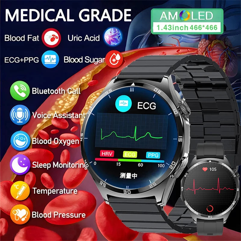 2024 New Men Blood Sugar Smart Watch Laser Treatment Blood Lipid Uric Acid Blood Sugar Fitness Tracker Bluetooth Call smartwatch