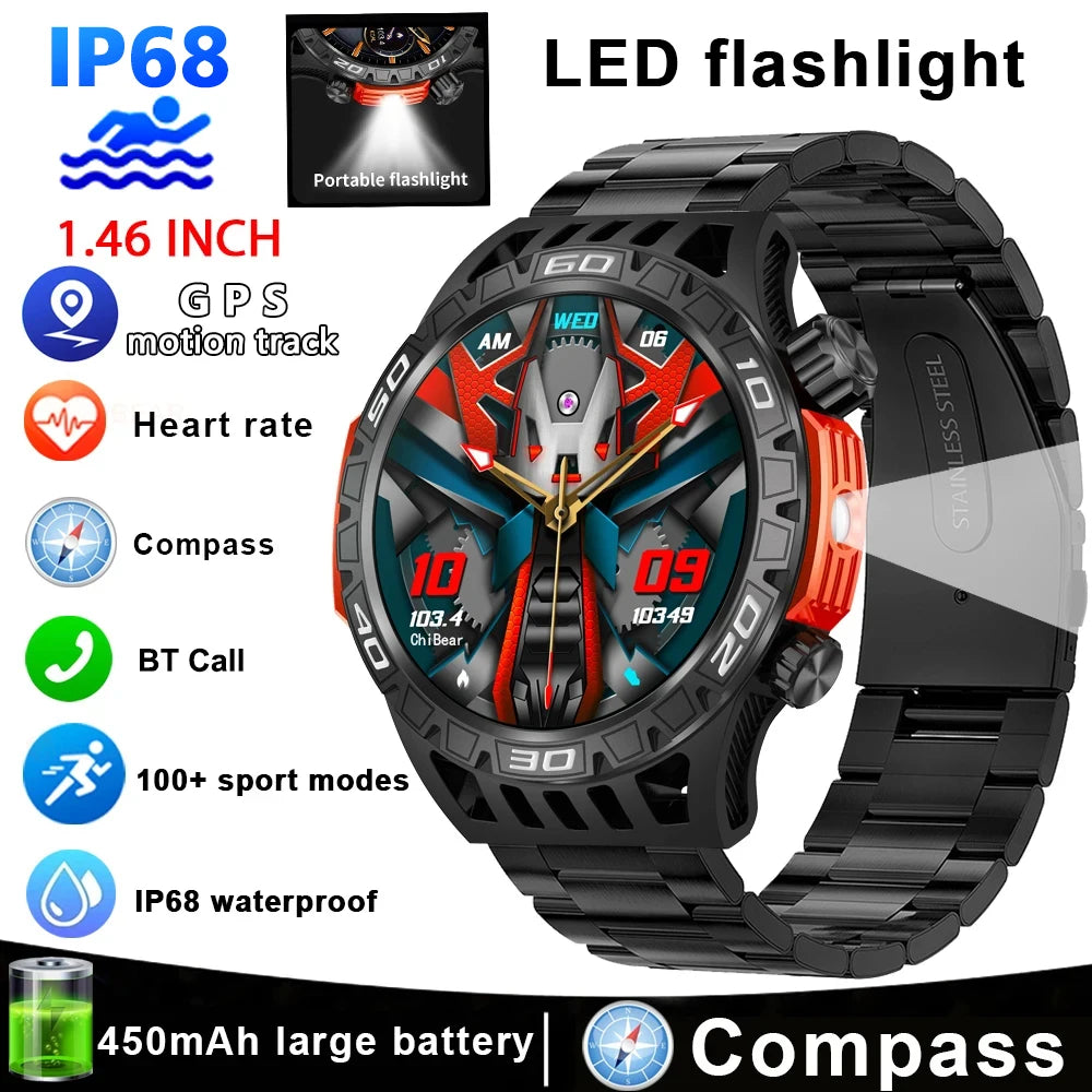 New Smart Watch Men With LED Flashlight Sports Fitness Watch IP68 Waterproof Health Monitoring Bluetooth Call Smartwatch 2024