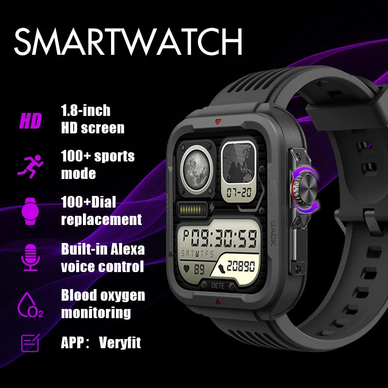 2024 Military Outdoor Sport Smart Watches For Men Women Bluetooth Call Smartwatch Build-in Alexa 5ATM IP68 Waterproof Heart Rate