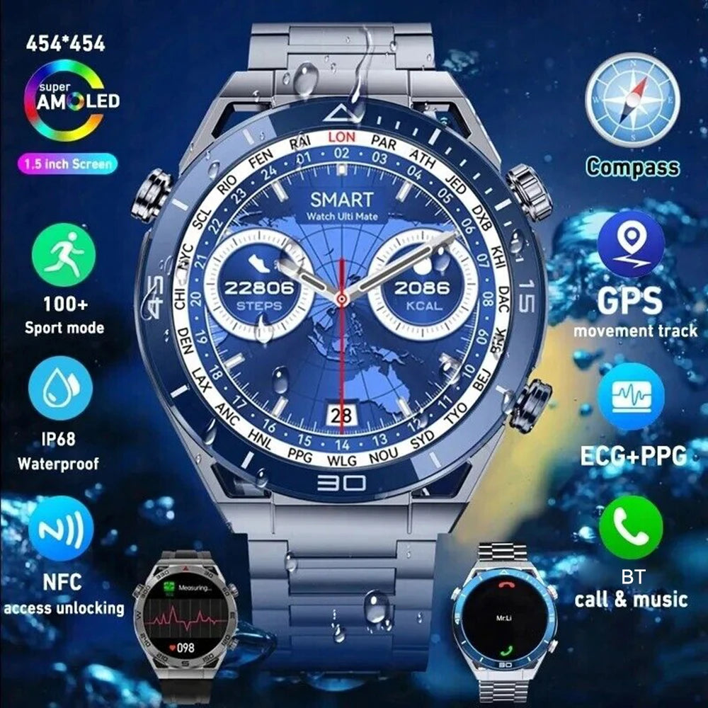 2024 New  NFC Smart Watch Men GPS Sport Track Fitness Watches Outdoor Compass Bluetooth Call HD Full Touch Screen Smartwatch