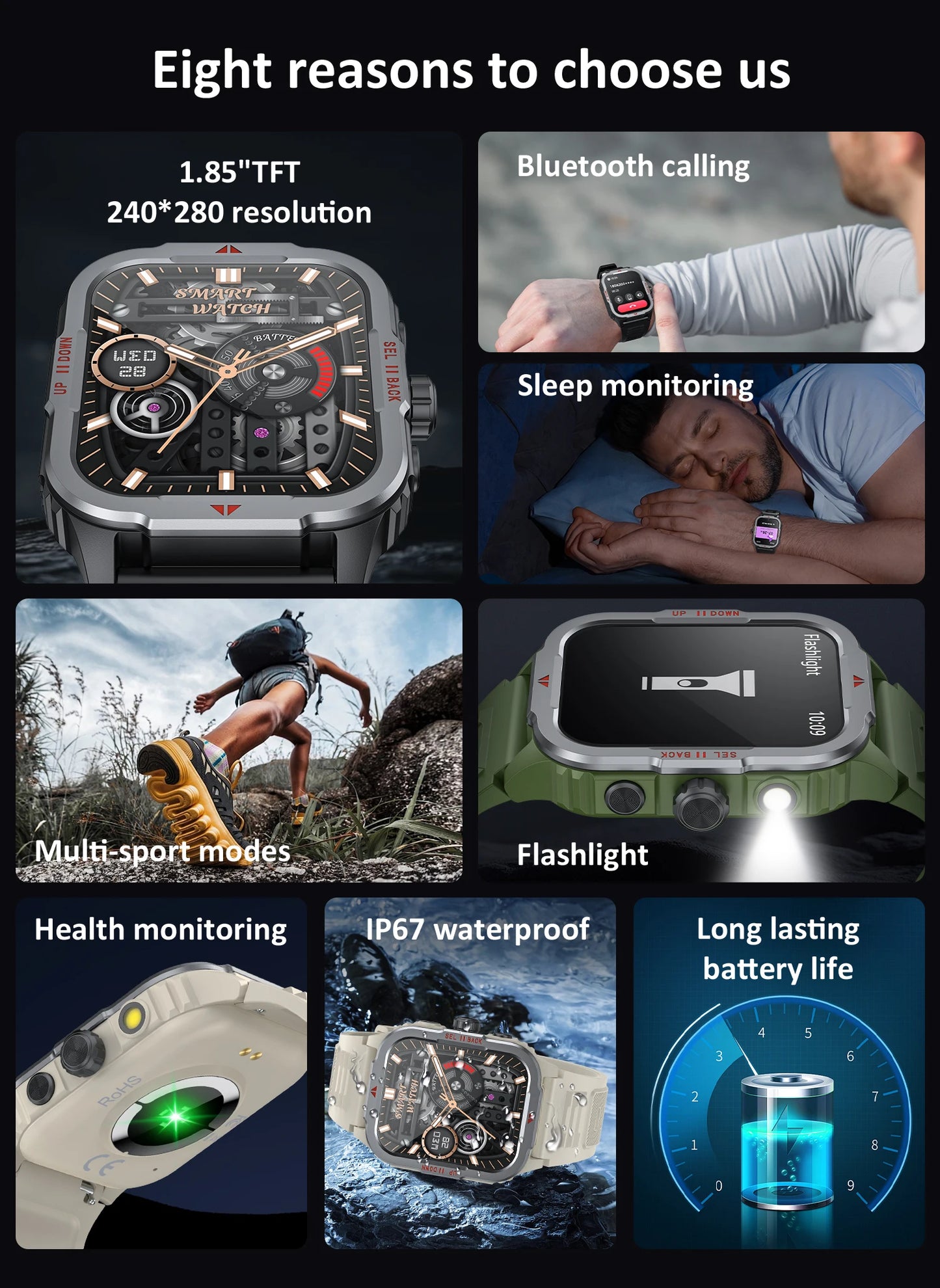 2024 New For Xiaomi Outdoor Military smartwatch Men Bluetooth Call 100+Sports Modes LED Lighting 300mAh Battery Smart Watch