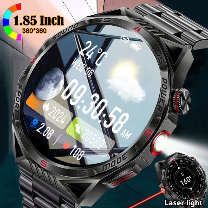 New GPS Smart Watch Men 1.85'' HD Screen Outdoor Compass Flashlight Laser Light 450 mAh Large Battery BT Call Smartwatch 2024