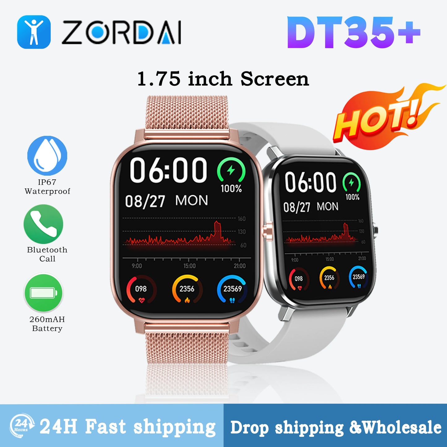 Zordai DT35+ Smart Watch Men 2024 Waterproof Bluetooth Call SMS Reminder Fitness Heart Tracker Smartwatch for Android and iOS