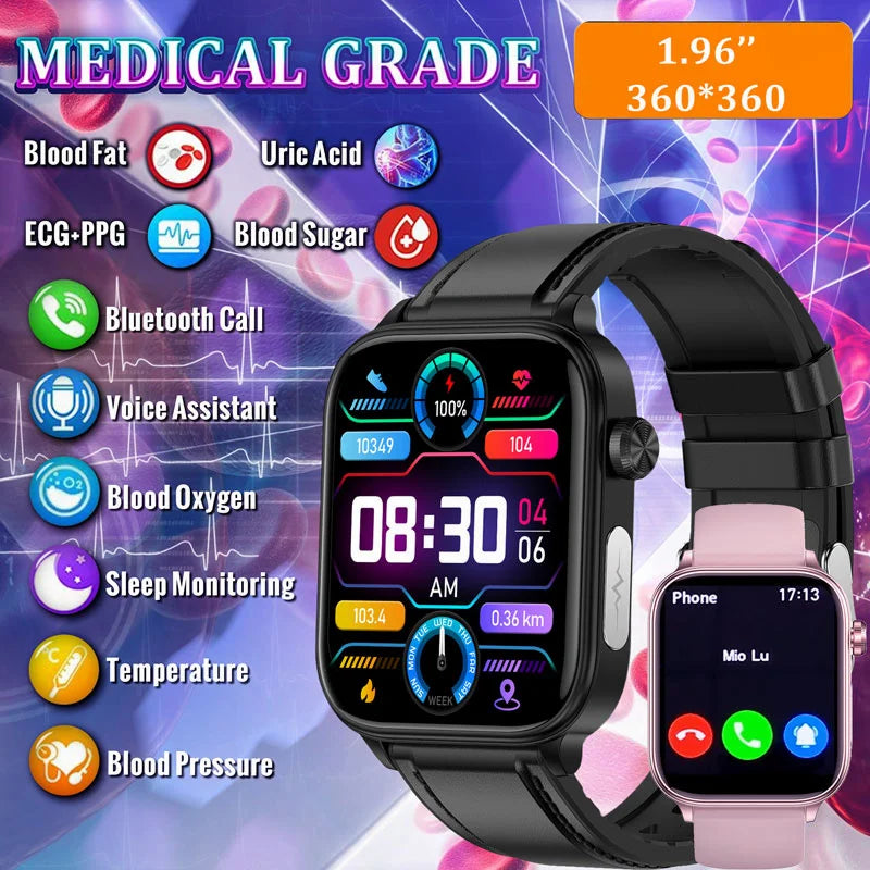 2024 New Medical Grade Smart Watch Women Blood Glucose Lipid Watches AI Diagnostic Health Tracker Bluetooth Call Smartwatch Men