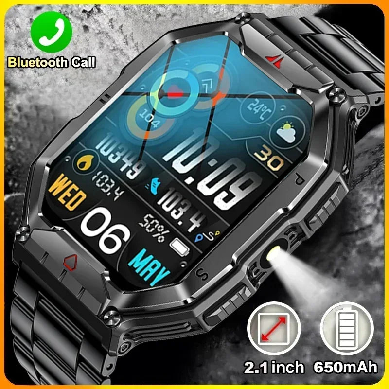 2025 New Flashlight Outdoor Sports Smart Watch Men's 2.1-inch 650mAh GPS Compass Heart Rate Men Smartwatch BT Call Track Watches