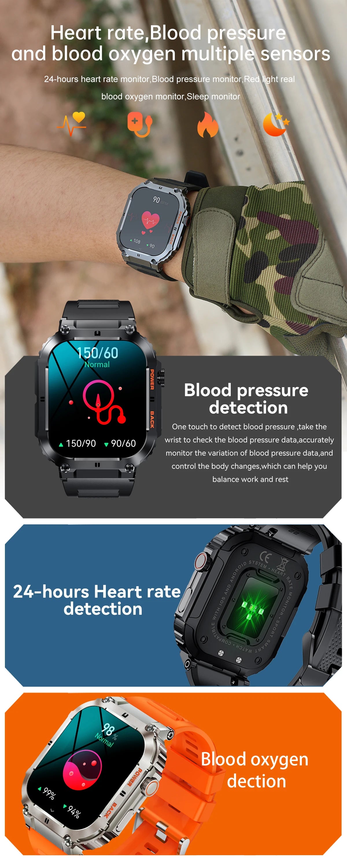 2024 New Mens Smartwatch Bluetooth Call 1.96-inch IPS Square Screen Full View Full Day Heart Rate Detection Sports Smart Watches