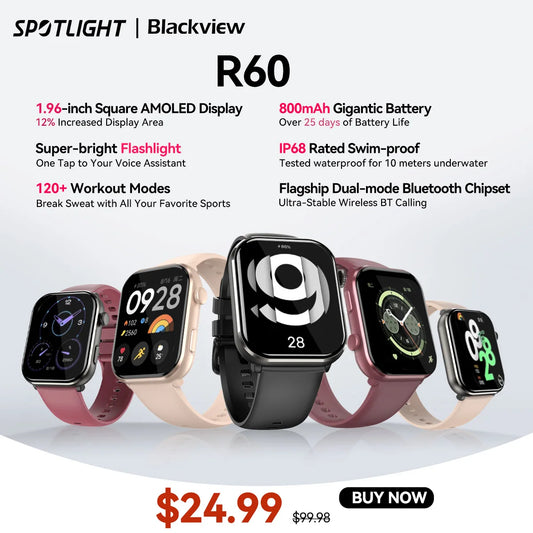 [World Premiere] Blackview Smartwatch R60 Watch 1.96'' AMOLED Display 800mAh Bluetooth Phone Calls Health and Fitness Tracking