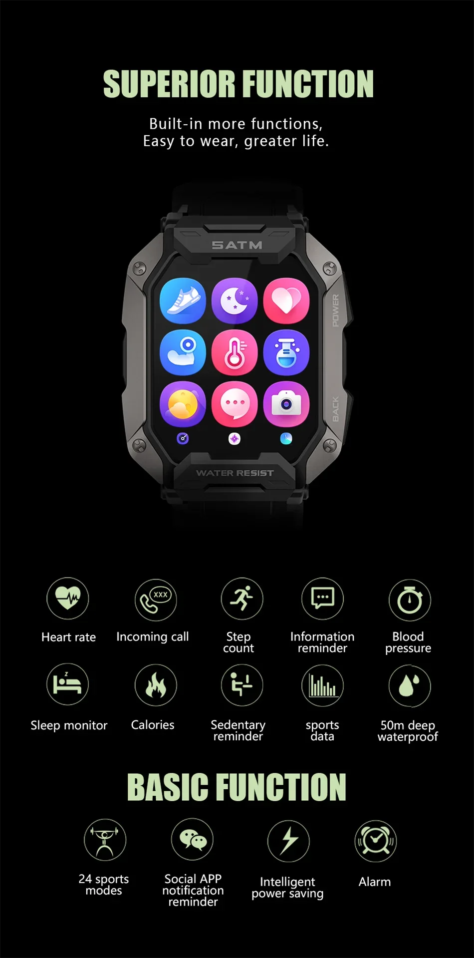 5ATM Waterproof Full Touch Smartwatch Blood Pressure Oxygen Fitness Watch 5 Atm Waterproof Smart Watch Men Military 2024 New