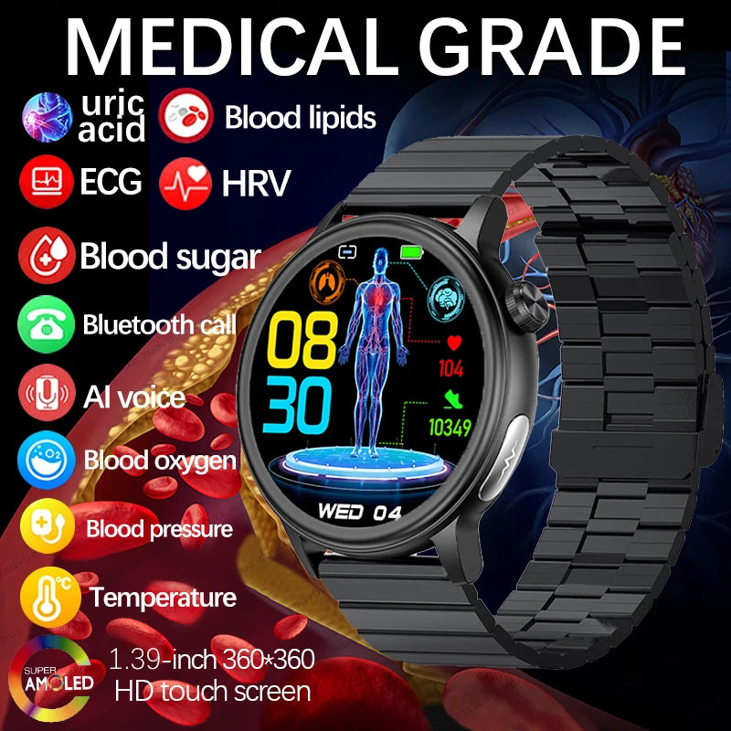 2024 Healthy Laser Treatment Men Heart Rate Smart Watch Blood Sugar Bluetooth Call Full Touch Screen Sports Fitness smartwatch