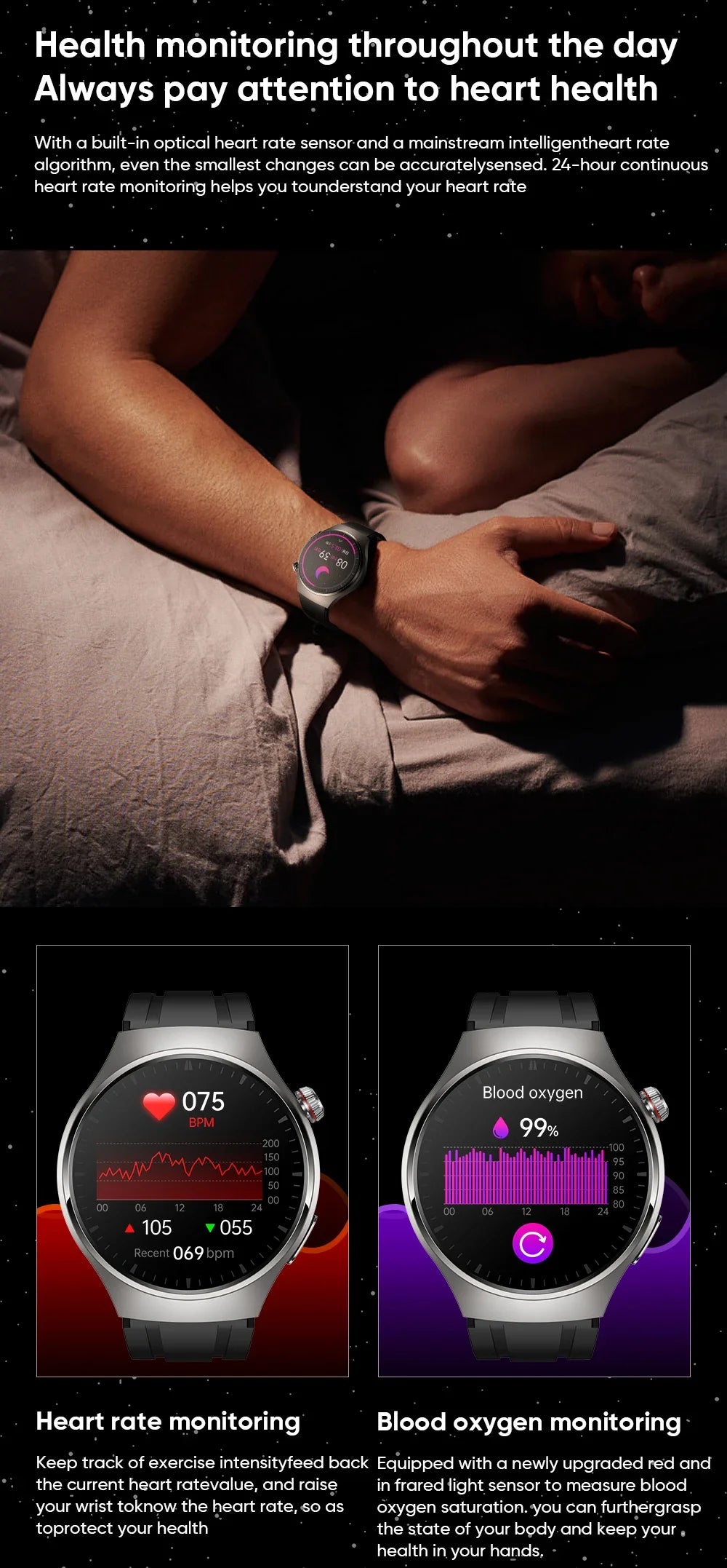 2024 New Medical Grade Men Smart Watch Heart Rate Blood Sugar Sleep Detection AMOLED HD Screen Sports Tracker BT Call smartwatch