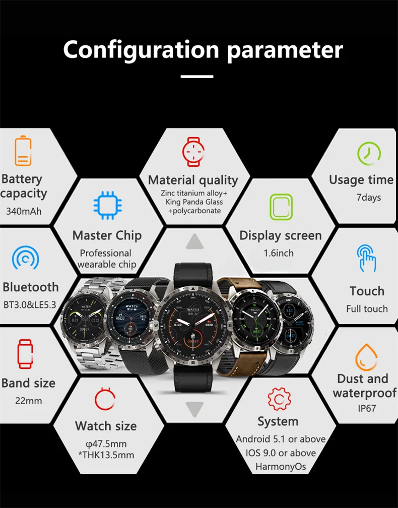 5 keys Compass NFC Sports Smart Watch Man 1.6 Inch HD Screen Men Bluetooth Call Smartwatch 100+Sport Modes Rugged Watch 2024 New