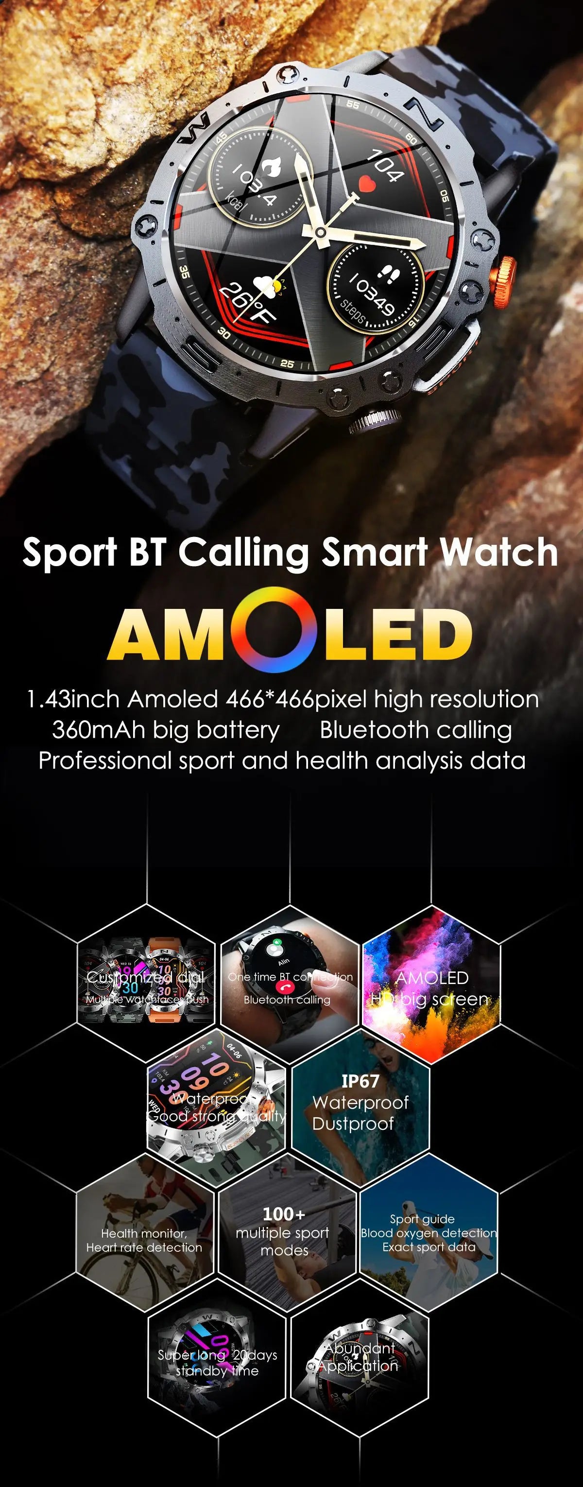 Smart Watch 2024 AMOLED HD Screen Clock Bluetooth Call Outdoor Sports Waterproof Long Life Smartwatch for Men Women for Xiaomi