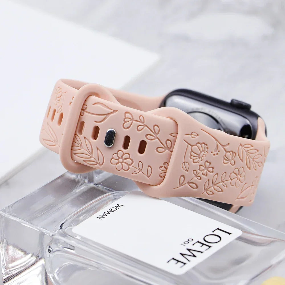 Fashion Engraved Strap for Apple Watch Ultra 2 Band 49mm 45mm 44mm 40 41mm Floral Silicone Bracelet IWatch Series 9/8/7/6/5/4/se