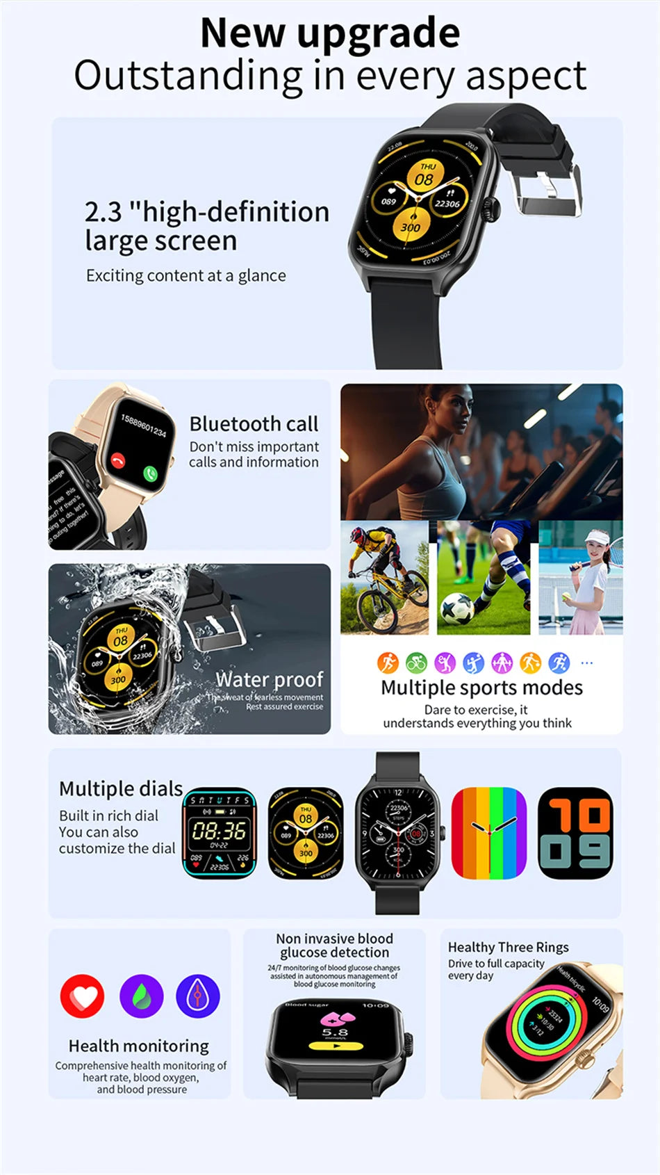 For Android IOS Watch 2.3 INCH Color Screen Full Touch Custom Dial Smart Watch Women Bluetooth Call 2024 NEW Smart Watch Men