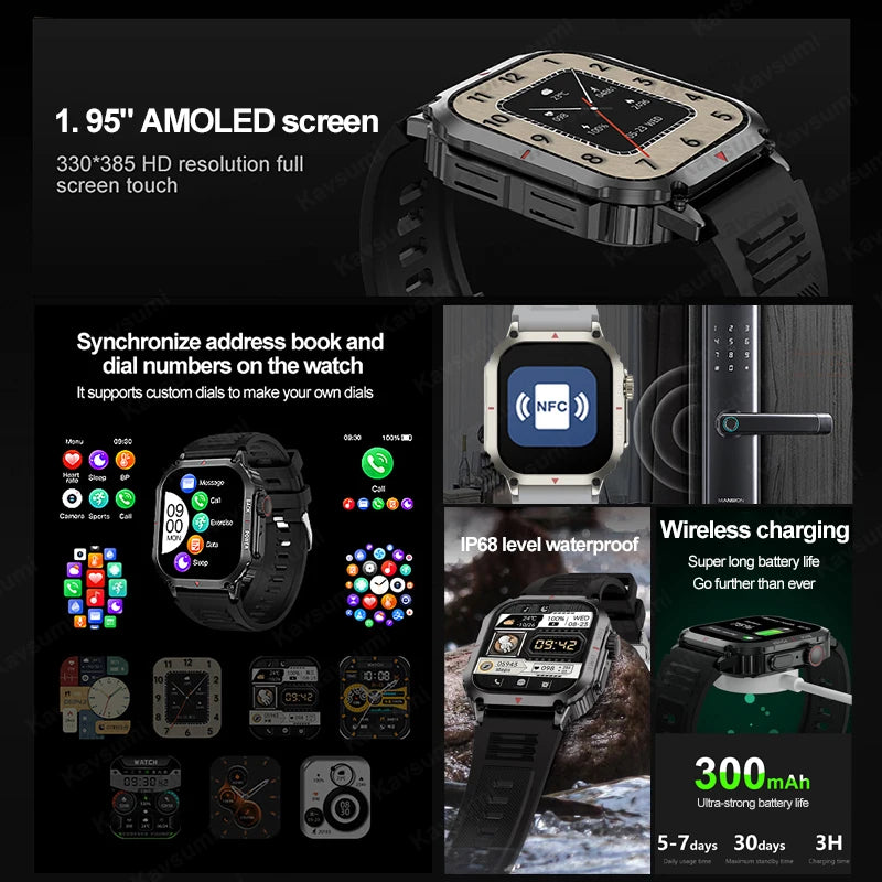 2024 Outdoor Smart Watch Men 1.95" Screen IP68 Waterproof Watch Bluetooth Call Smartwatch GPS Motion Trajectory For Android IOS