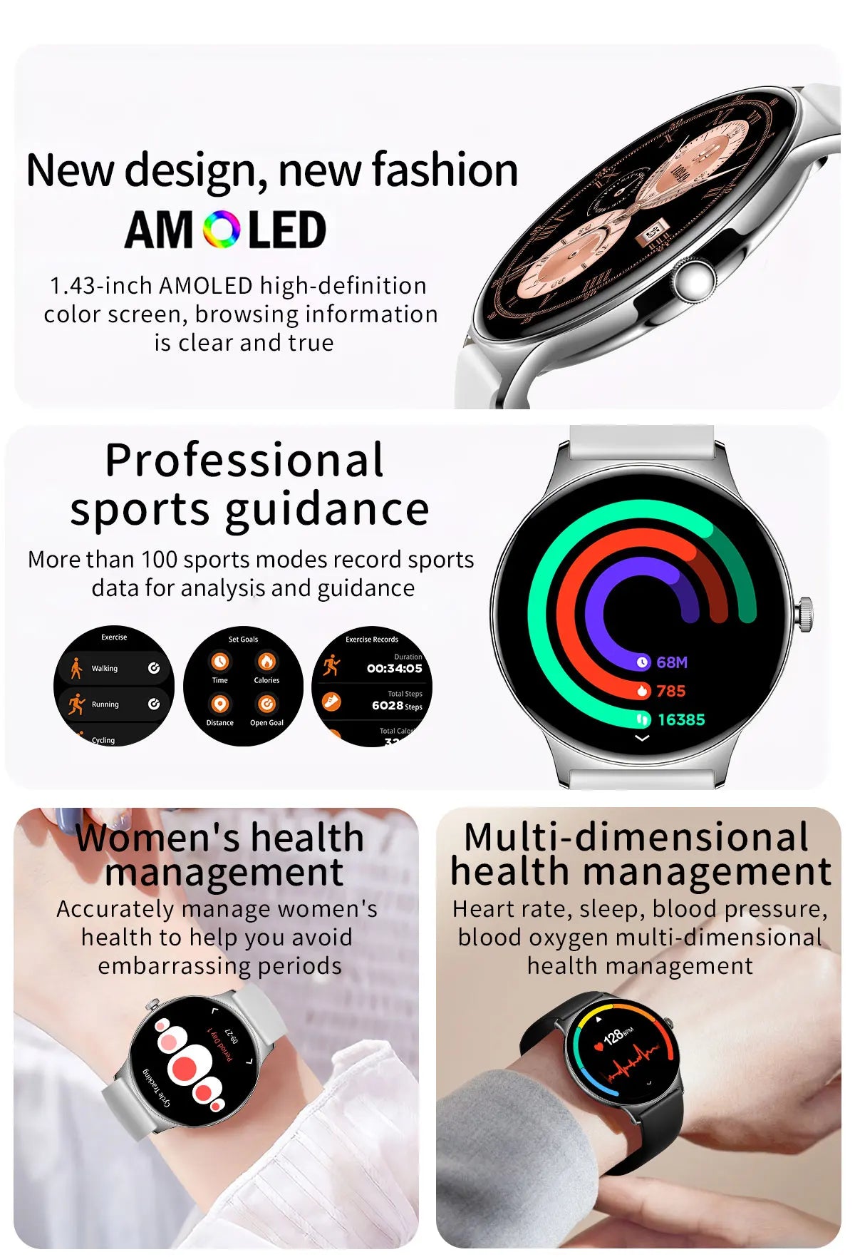 2024 New Ultra Thin Women Smart Watch 1.43" AMOLED 466*466 HD Pixel Display Always Show Time Call Reminder Smartwatch Ladies+Box