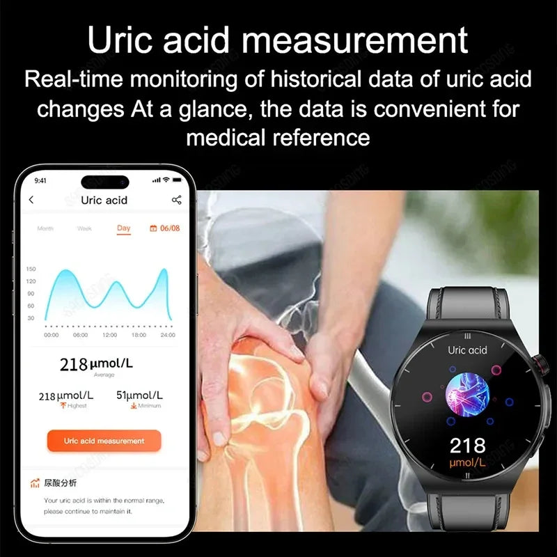 2024 New ECG+PPG AI Medical Diagnosis Uric Acid Non invasive Blood Glucose Smart Watch Men Bluetooth Call Blood Lipid Smartwatch