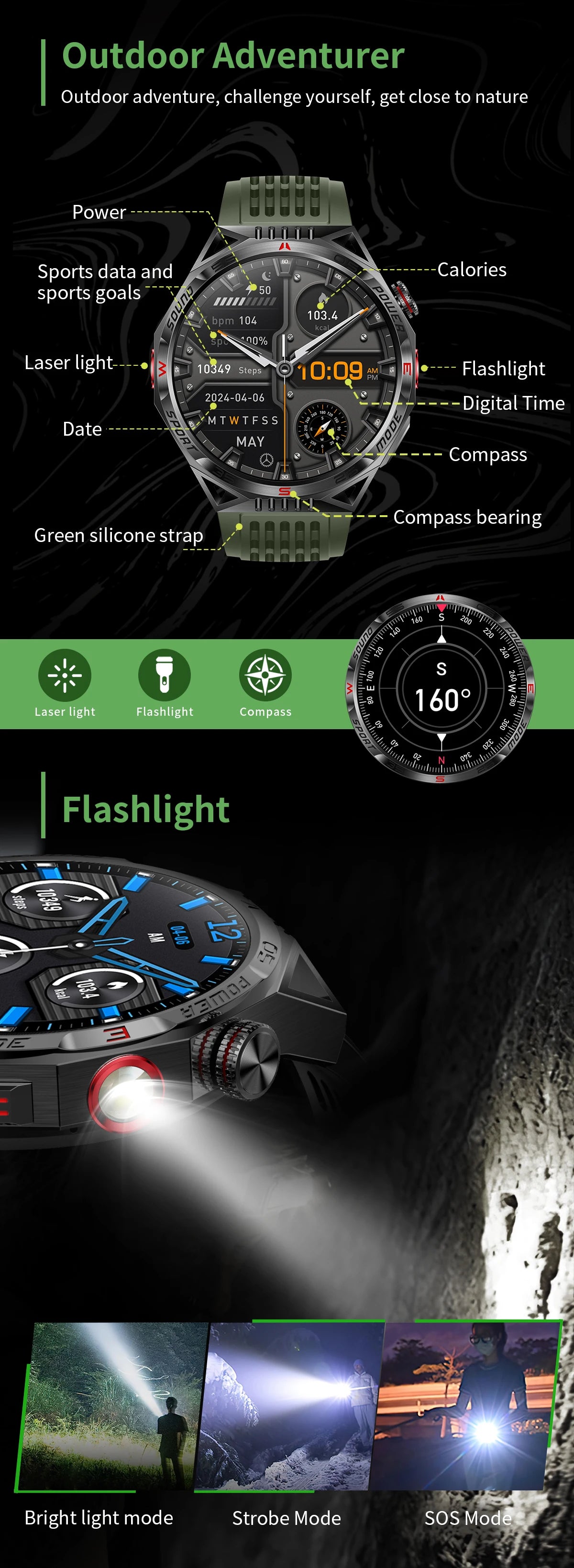 2024 New Men Smart Watch LED Lighting Compass GPS Track Bluetooth Call IP68 Waterproof Sports Fitness Tracker Sports Smartwatch