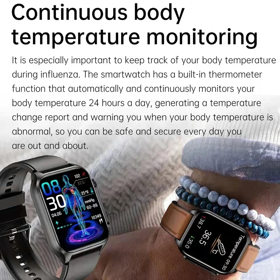 2024 New Non-invasive Blood Sugar Smartwatch Men Voice Calling Wristwatch Body Temperature Stress Test ECG+PPG Waterproof Watch