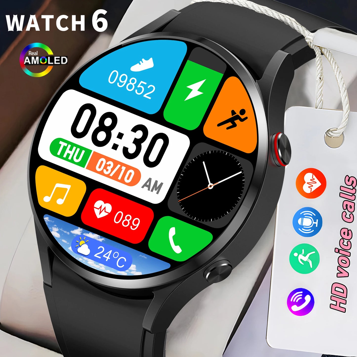 2024 New Original Man Smart Watch 6 AMOLED HD Screen Voice Call Customized Wallpaper Health Detection Waterproof SmartWatch