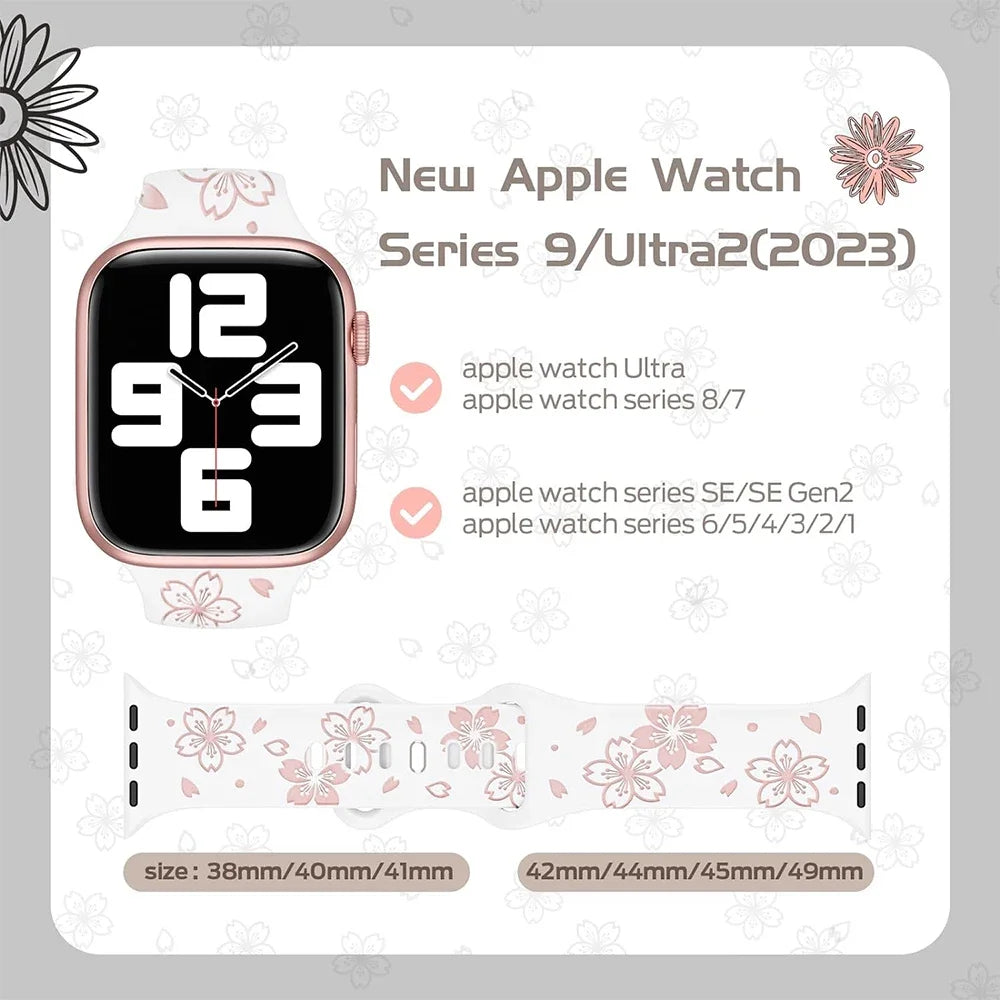 Silicone Band for Apple Watch Series 9 8 7 41mm 45mm Ultra 2 49mm Two-Tone Engraved Floral Strap for iWatch 6 5 4 Se 40 42 44 mm