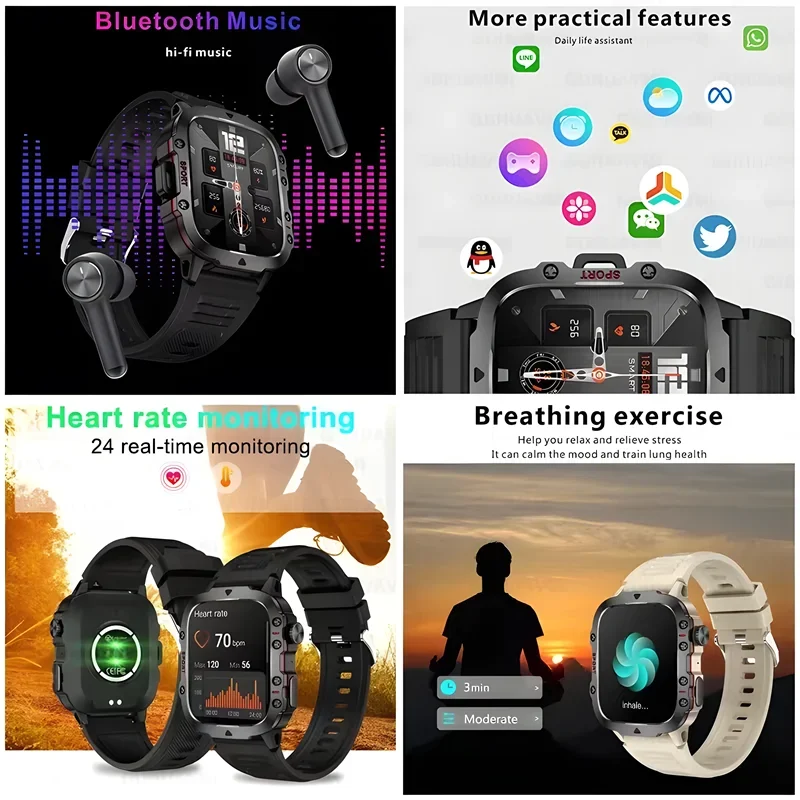 2024 New Heart Rate Blood Pressure Sports BT Call Smartwatch Outdoor Military 3ATM Waterproof Smart Watch Men For Huawei xiaomi