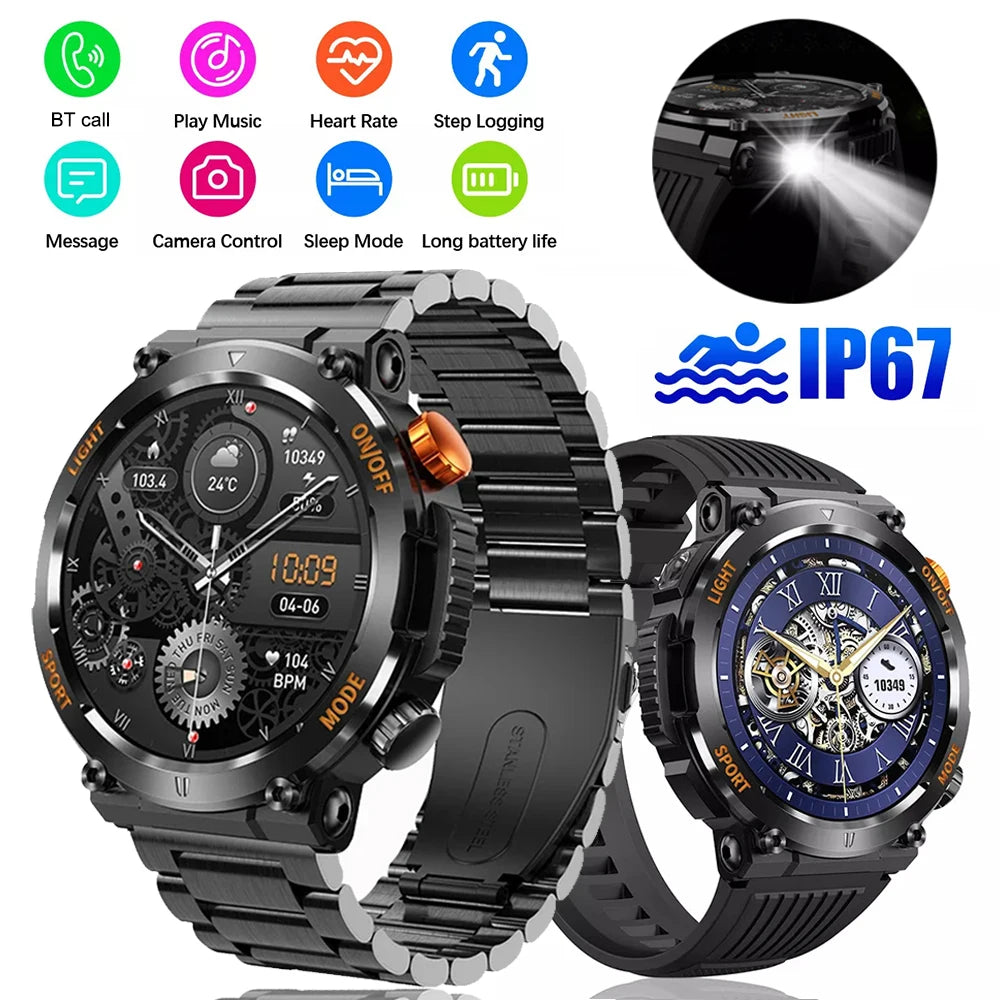 Smart Watch Men With LED Lighting Compass Sports Fitness Tracker Watch IP67 Waterproof Bluetooth Talk SmartWatch 2024