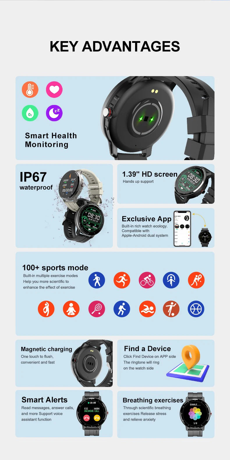 KINGSTAR Smart Watch Bluetooth Call Heart Rate Monitoring IP67 Waterproof Sports Fitness Watches For Men Women Smartwatch 2024