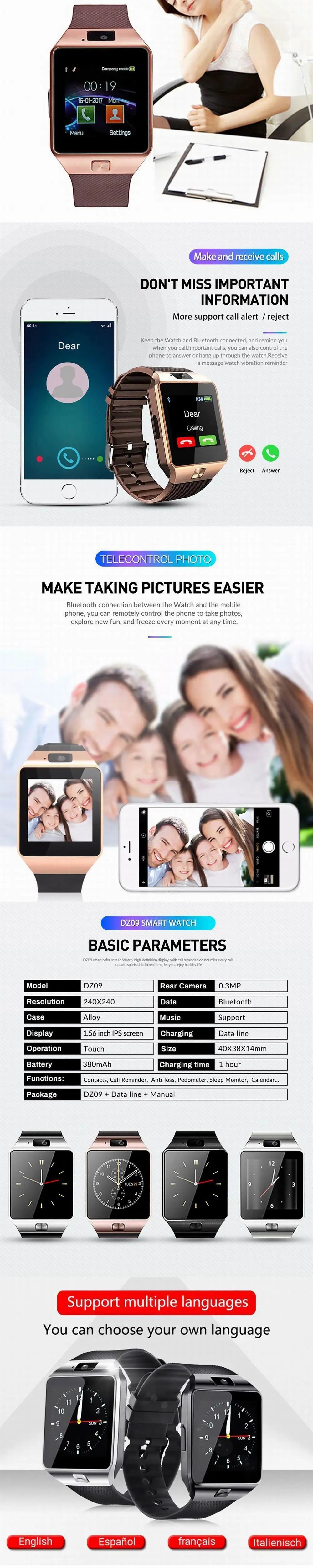 2023 New Bluetooth Smart Watch DZ09 Smartwatch TF SIM Camera Men Women Sport Wristwatch For Android And IOS Smart Phone Watches