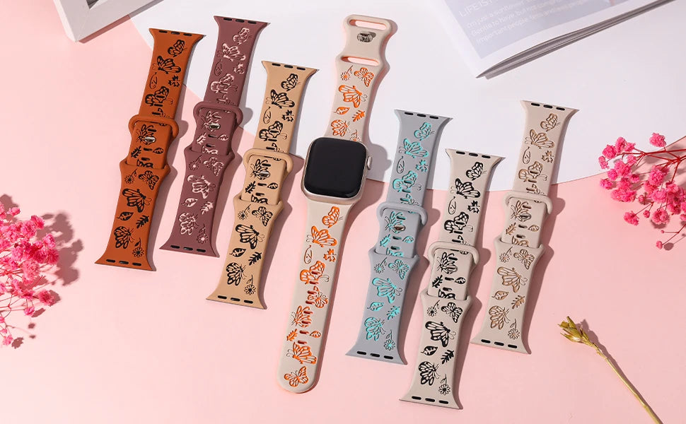 Strap For Apple Watch Band 45mm 44mm 49mm 40mm 41mm 38mm 42MM Engraved Silicone Correa Bracelet Series 9 8 7 6 5 4 3 SE Ultra 2