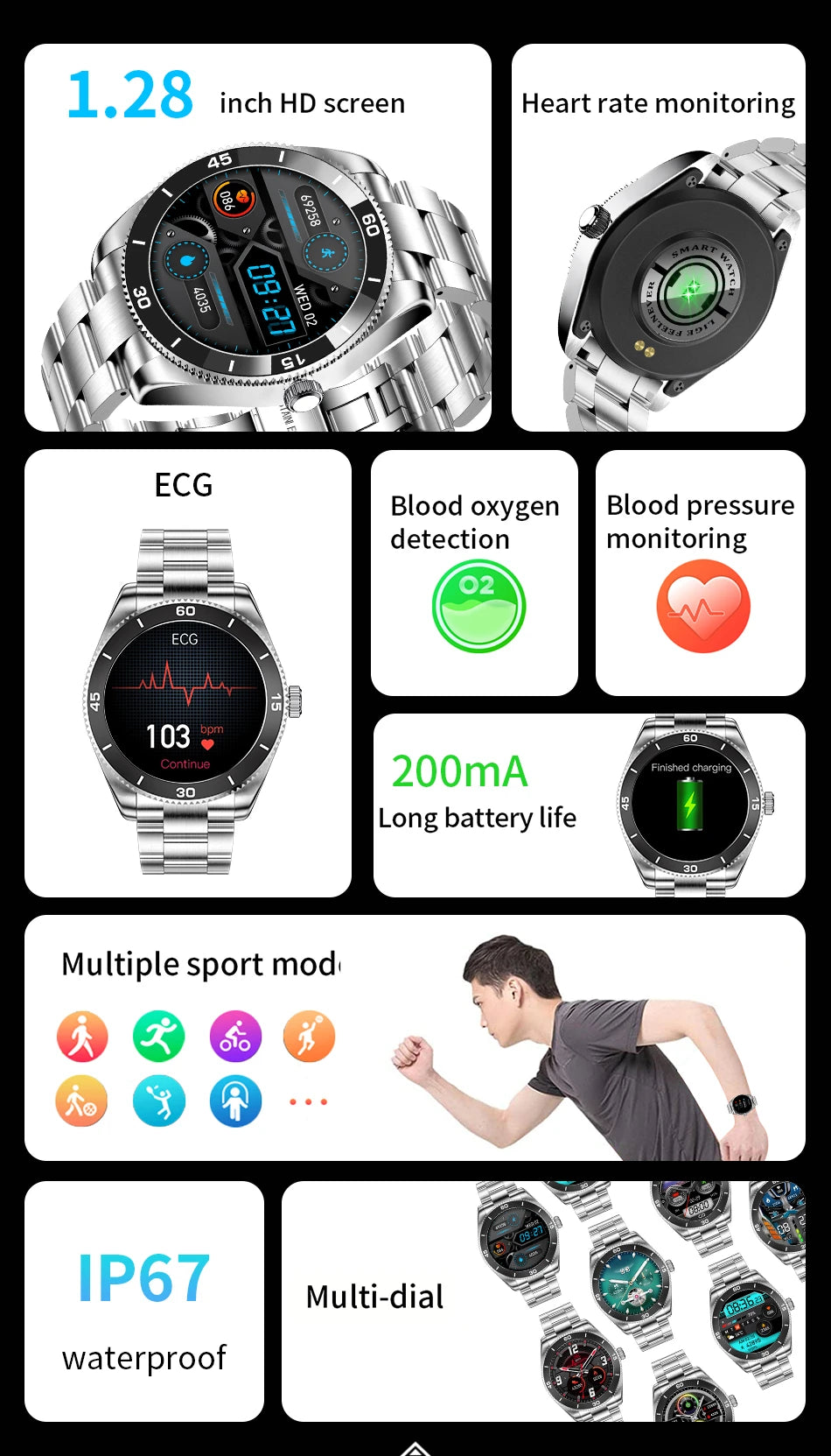 2024 Sports Fitness Tracking SmartWatch fashion Bluetooth Watch Heart Rate Clock Steel Band Full Touch screen Watch For Men +Box