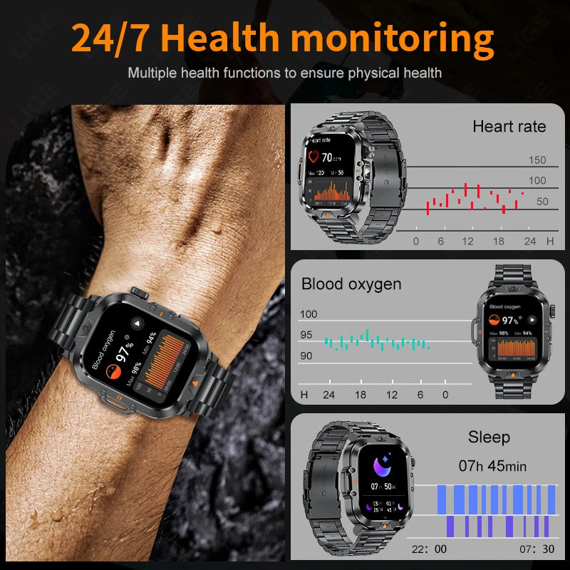 LIGE Smart Watch Men 2.01'' HD Display LED Flashlight Bluetooth Call Heart Rate Health Monitor Waterproof Rugged Smartwatch 2024