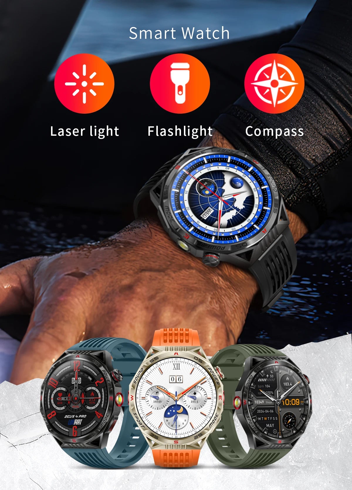 2024 New Men Smart Watch LED Lighting Compass GPS Track Bluetooth Call IP68 Waterproof Sports Fitness Tracker Sports Smartwatch