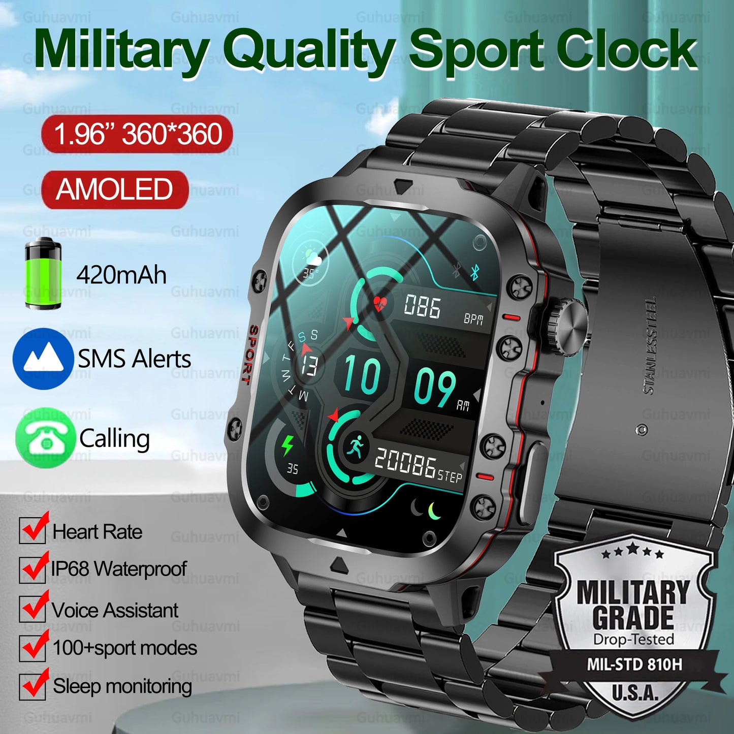 For Android IOS Rugged Military Smart Watch Men 1.96'' AI Voice Bluetooth Call Smartwatch 2024 Ip68 Waterproof Ftiness Watches