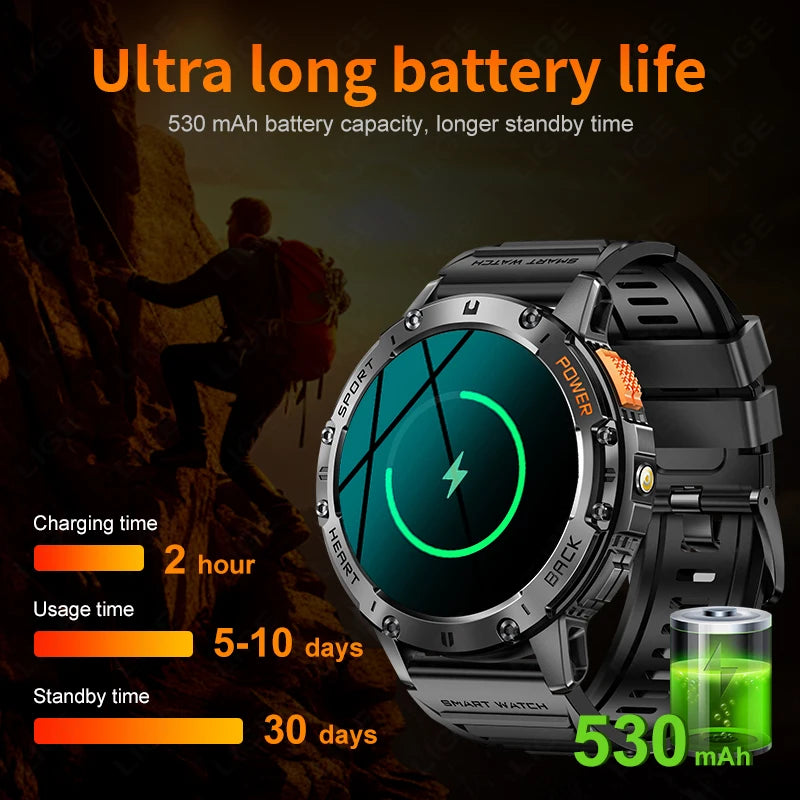 LIGE Outdoor Smartwatch For Men Bluetooth Call 530mAh Battery Flashlight AMOLED Watch Screen Sports Waterproof Smart Watch 2024