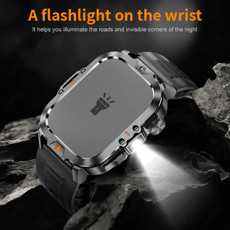 LIGE Outdoor Smart Watch 2.01-inch Screen Bluetooth Call LED Flashlight Watches Heart Rate Blood Oxygen Monitor Smartwatch 2024