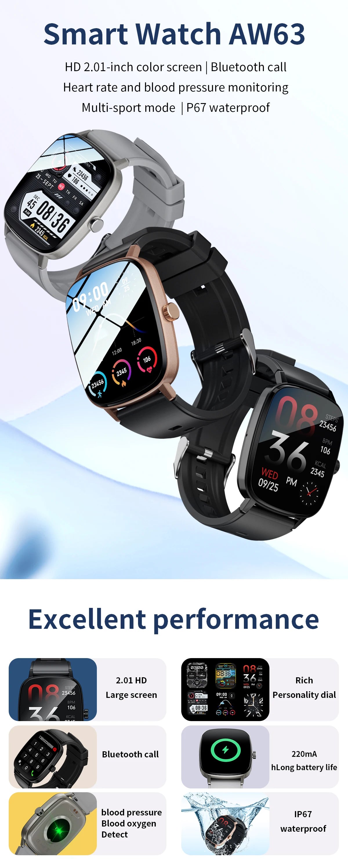 Newest Aiweile AW63 Smart Watch Men 2024 High-end Men's Smartwatch Bluetooth Call Sports Fitness Wristwatch for Android IOS fit﻿