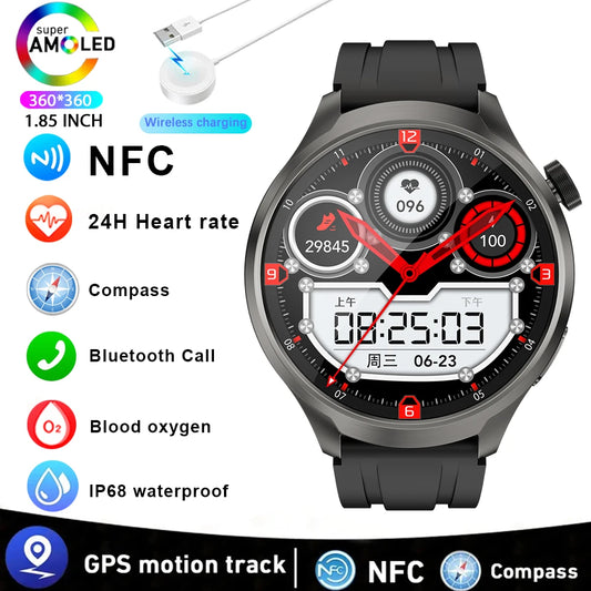 Compass Smart Watch 4 Men GT4 Pro AMOLED HD Screen Bluetooth Call GPS NFC Heart rate Blood Sugar SmartWatch 2024 New For Huawei