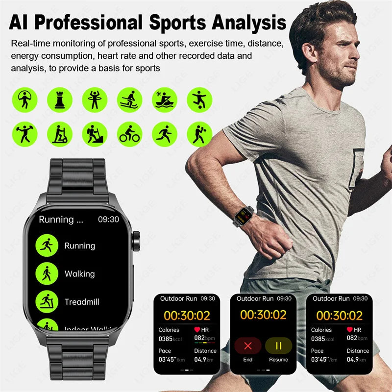 ECG Heart Monitor SOS Bluetooth Call Waterproof Sports Smartwatch 2.04'' HD Screen AI Medical Diagnosis Men Smart Watch 2024 New