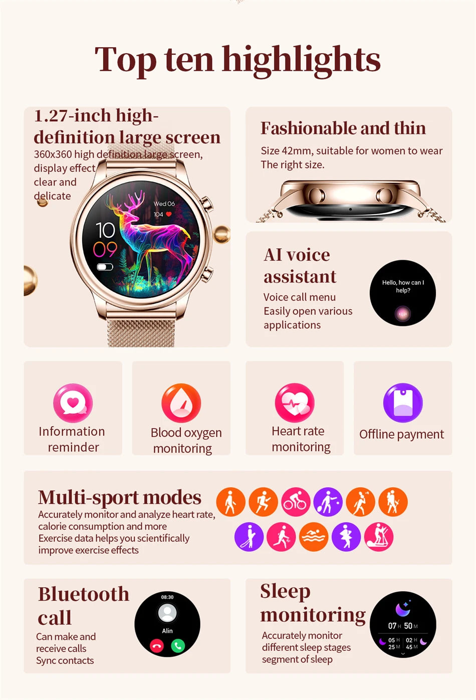 2024 New For Xiaomi 1.27 inch Women Smart Watch Heart Rate Health Custom Dial Ladies Fashion Bracelet Bluetooth Call SmartWatch