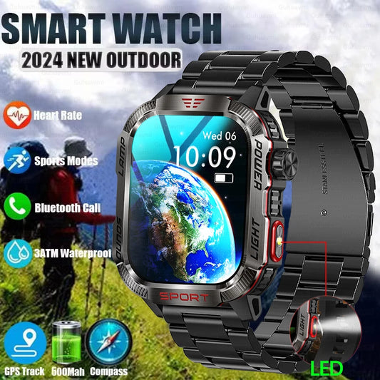 Military Rugged Outdoor Smartwatch Men Sports Fitness Tracker IP68 Waterproof Compass Bluetooth Call 600Mah Smartwatch 2024 New