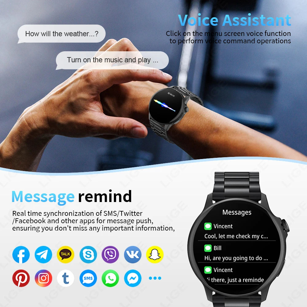 LIGE Men Women Smart Watches Bluetooth Call Waterproof Sports Smartwatch Heart Rate Monitoring Bracelet AI Voice Assistant 2024